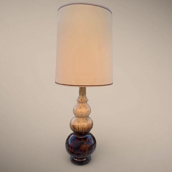 Mid Century Modern Drip Glaze Triple Gourd Table Lamp- Brown & Tan w drum shade - Picture 4 of 8